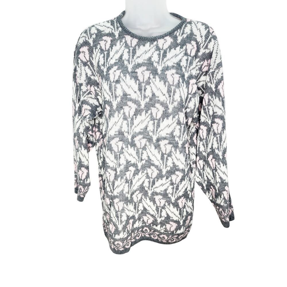 Vintage American Pride Acrylic Gray & Pink Flower Long Sleeve Women's Sweater M